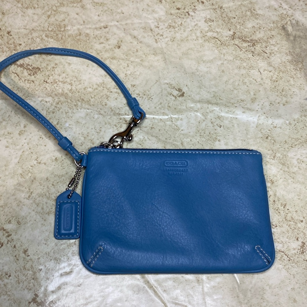 Coach light blue leather wristlet